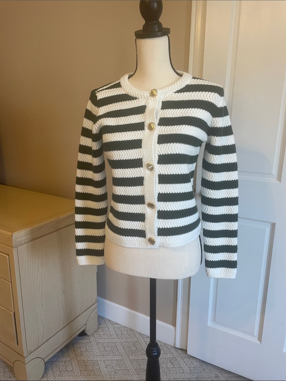 Ann Taylor Green and White Striped Crewneck Button Cardigan